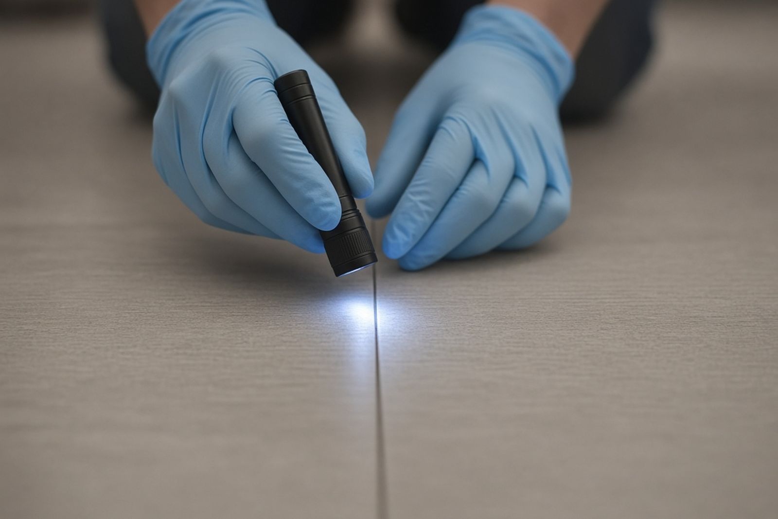 Gloved hands shining a UV flashlight along a seam in a laminate floor